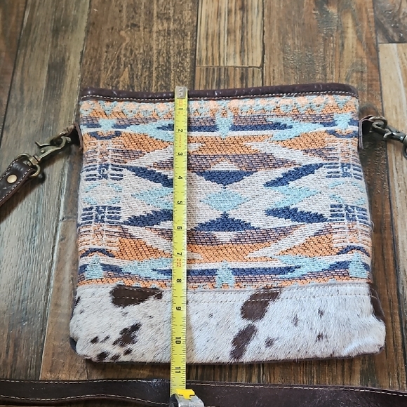 Myra Bag Brown Cream & Blue Aztec Print/ Calf Hair/ Cow Print Crossbody Bag - Picture 7 of 8